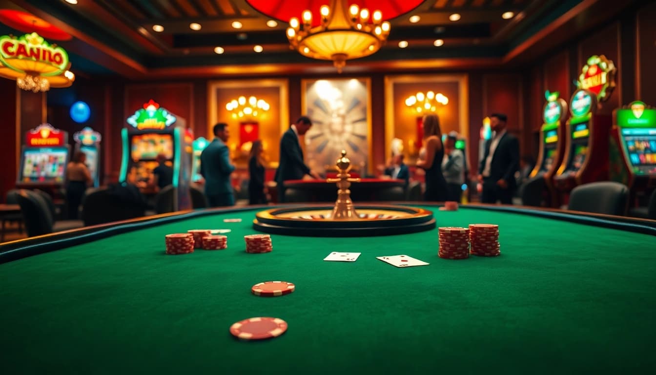 Immerse in the excitement of gambling at https://sv66.hu.net/ featuring a vibrant casino scene with poker tables and roulette wheels.