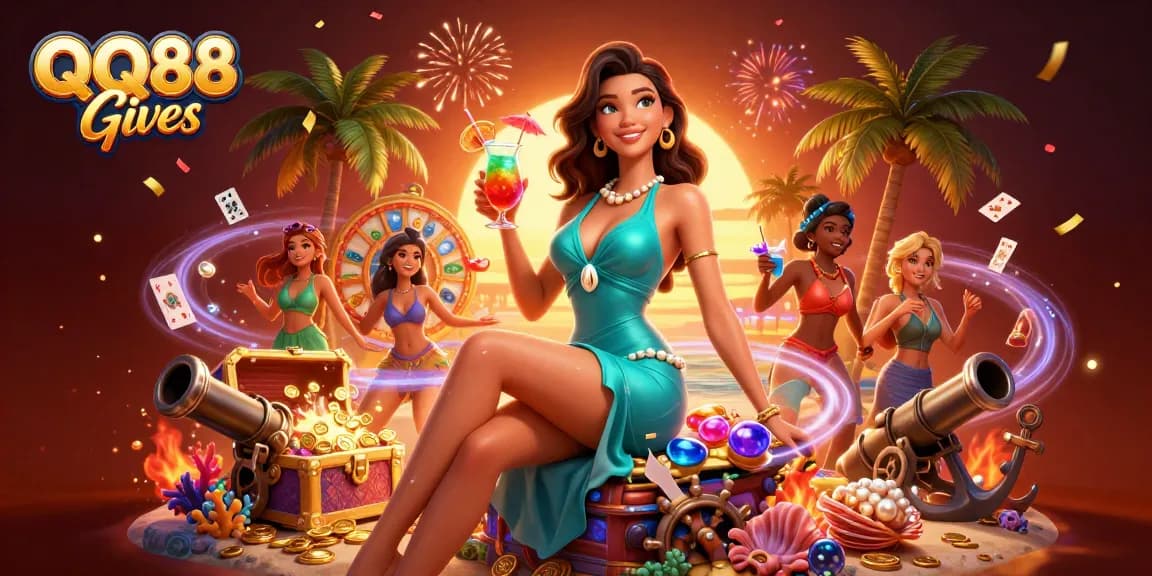 Engage in exciting gaming experiences at QQ88 Gives with vibrant casino elements and a glamorous tropical setting.