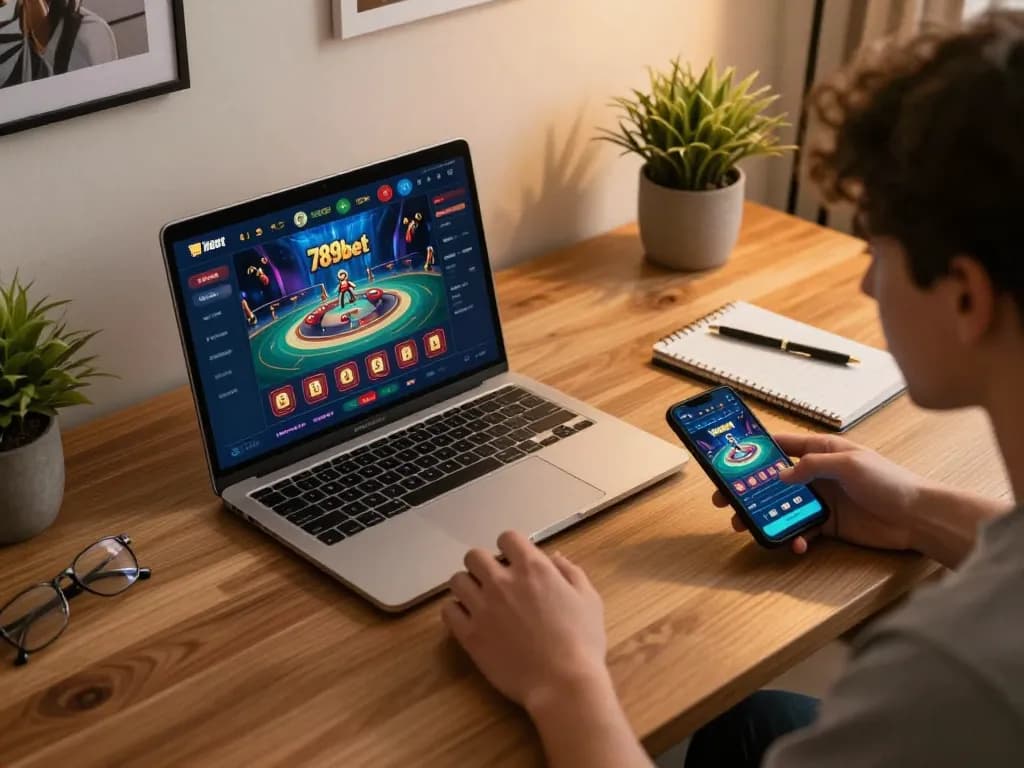 The excitement of online gaming on 789bet with a cozy home office setup, showcasing user-friendly interface and strategic planning.