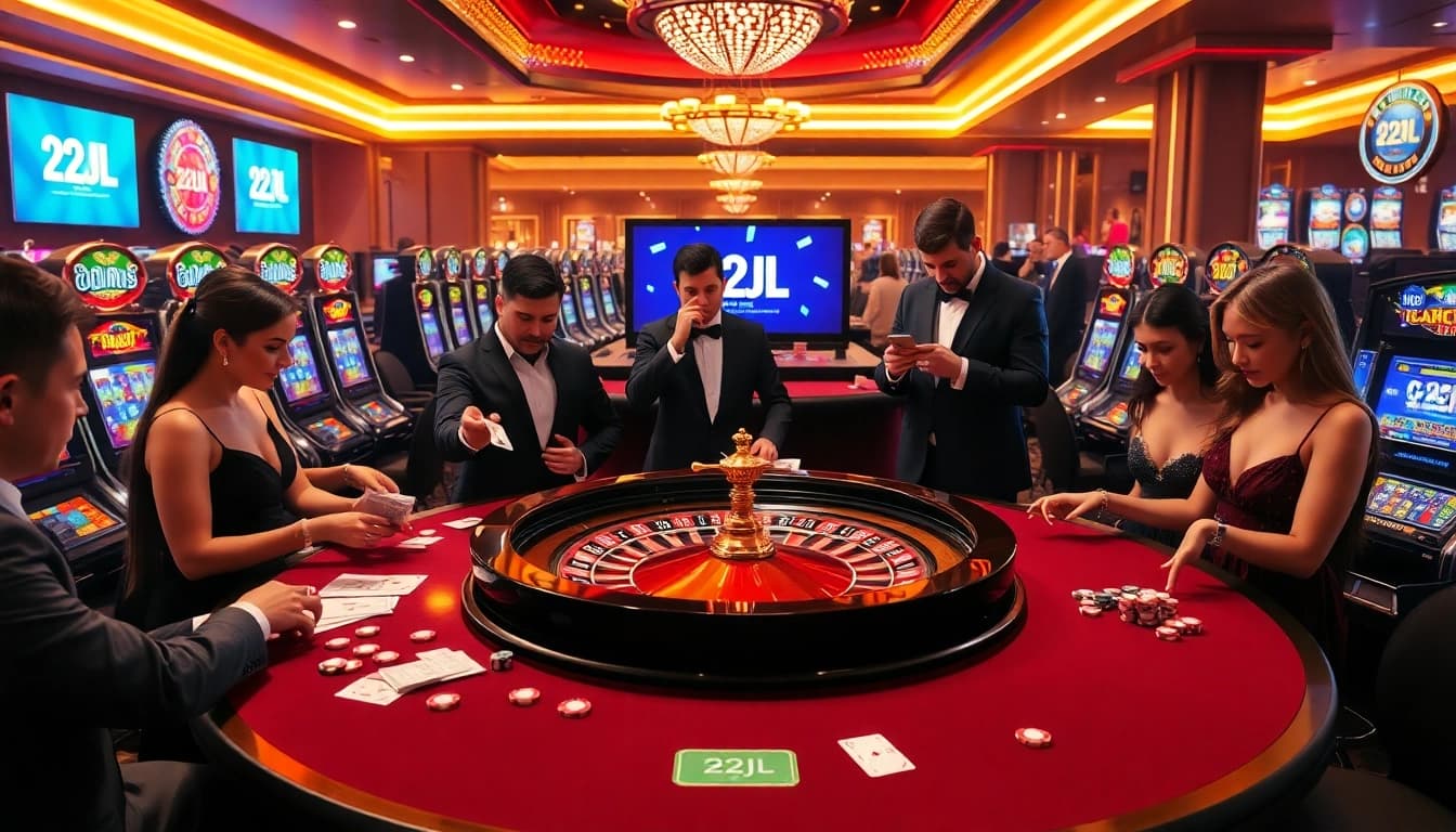 Experience thrilling gameplay at 22JL's captivating casino with luxurious roulette and excited players.