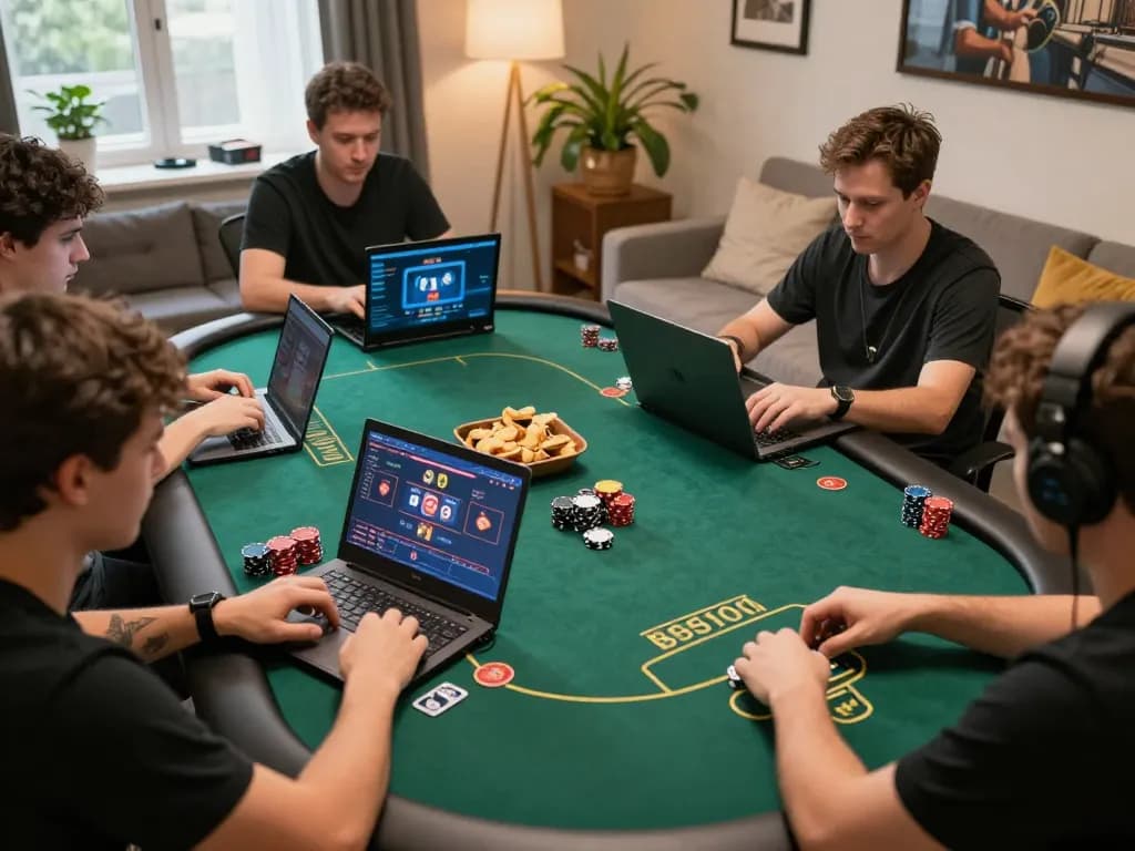 Players engaging in strategic poker gameplay online at home while utilizing rikvip's gaming platform.
