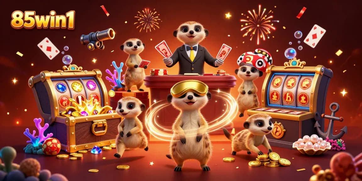 Engage with 85win1 in a lively casino scene featuring meerkats amidst vibrant gaming elements.