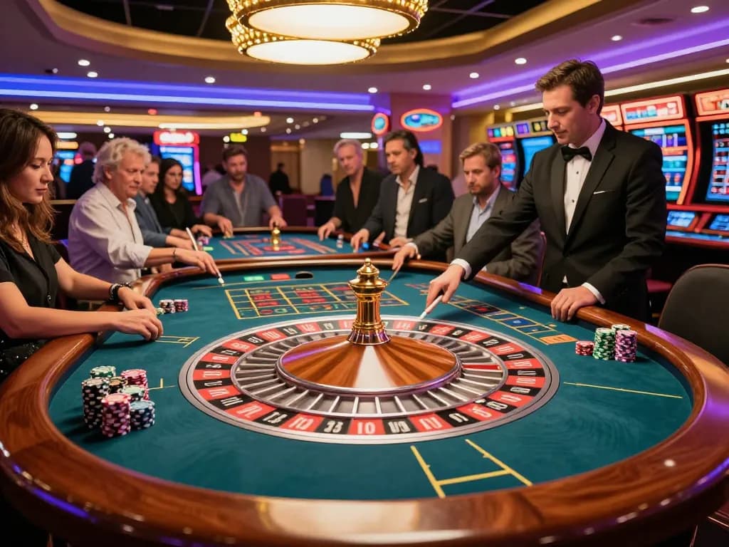 Engaging roulette gameplay scene at https://dabet39.net/ casino, players placing bets with excitement in vibrant casino atmosphere.