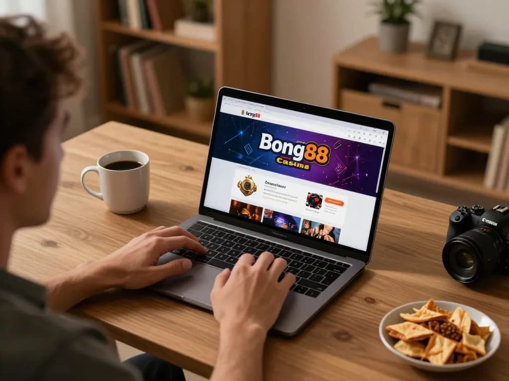 Bong88 player enjoying online gaming with engaging interface and cozy setup.