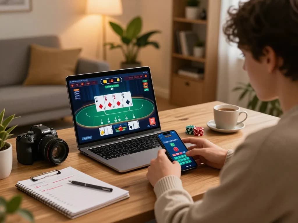 Engaging online poker gameplay experience at c168mov com with player using laptop and smartphone.