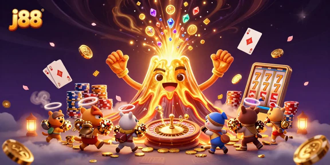 Engage with j88's thrilling slot action as a volcanic treasure erupts, showering coins and gems.