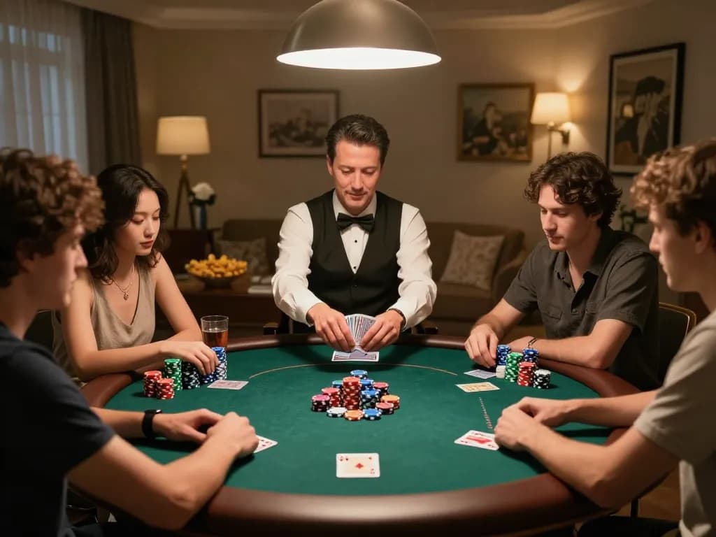 LODE88 players strategizing during a home poker game with colorful chips and drinks.