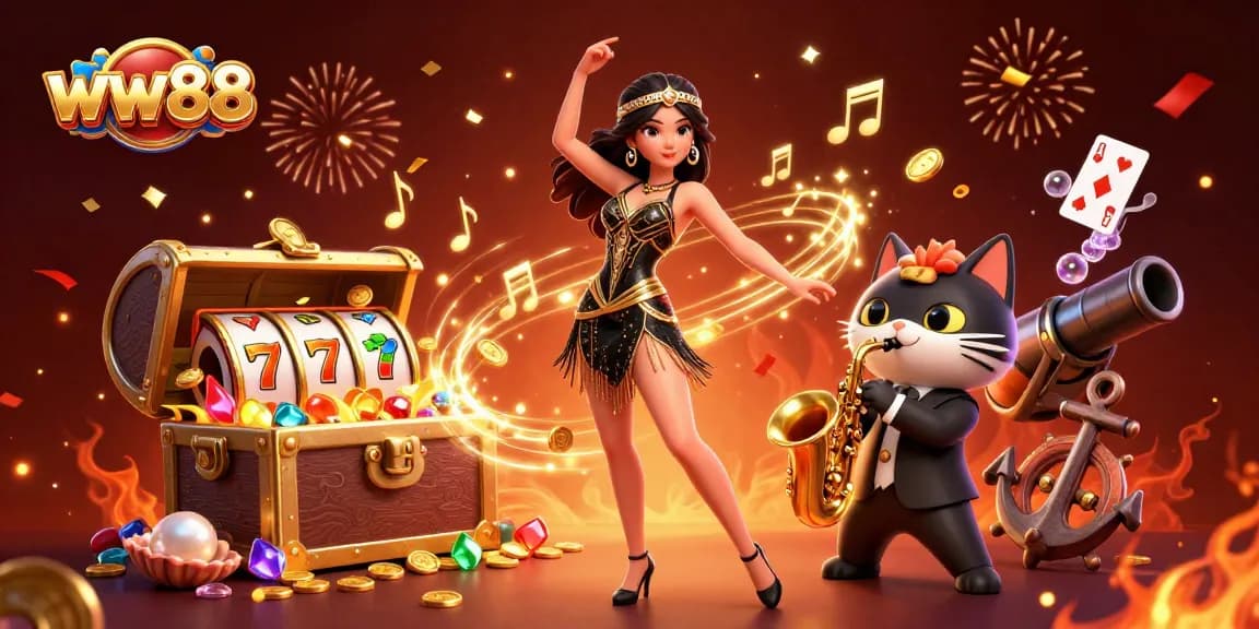 Experience excitement and fortune at WW88 with vibrant casino-themed 3D illustration showcasing slots, celebration details, and engaging characters.