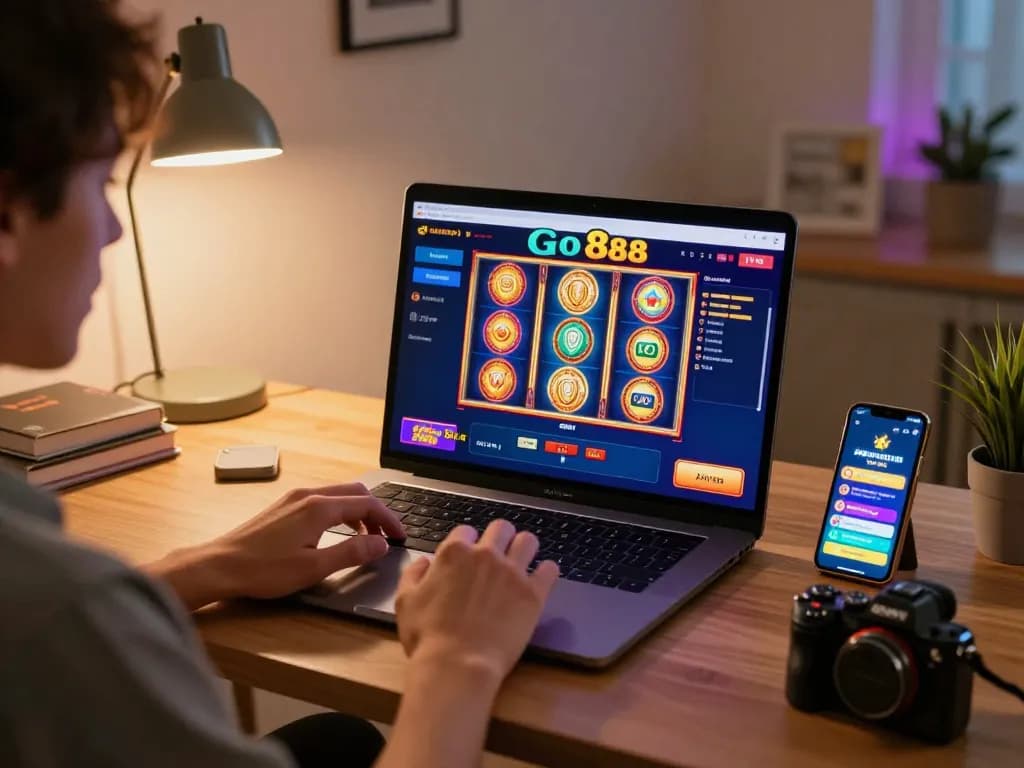 Engaged player enjoying Go 88 on their laptop in a cozy home setting, highlighting responsible gaming practices.