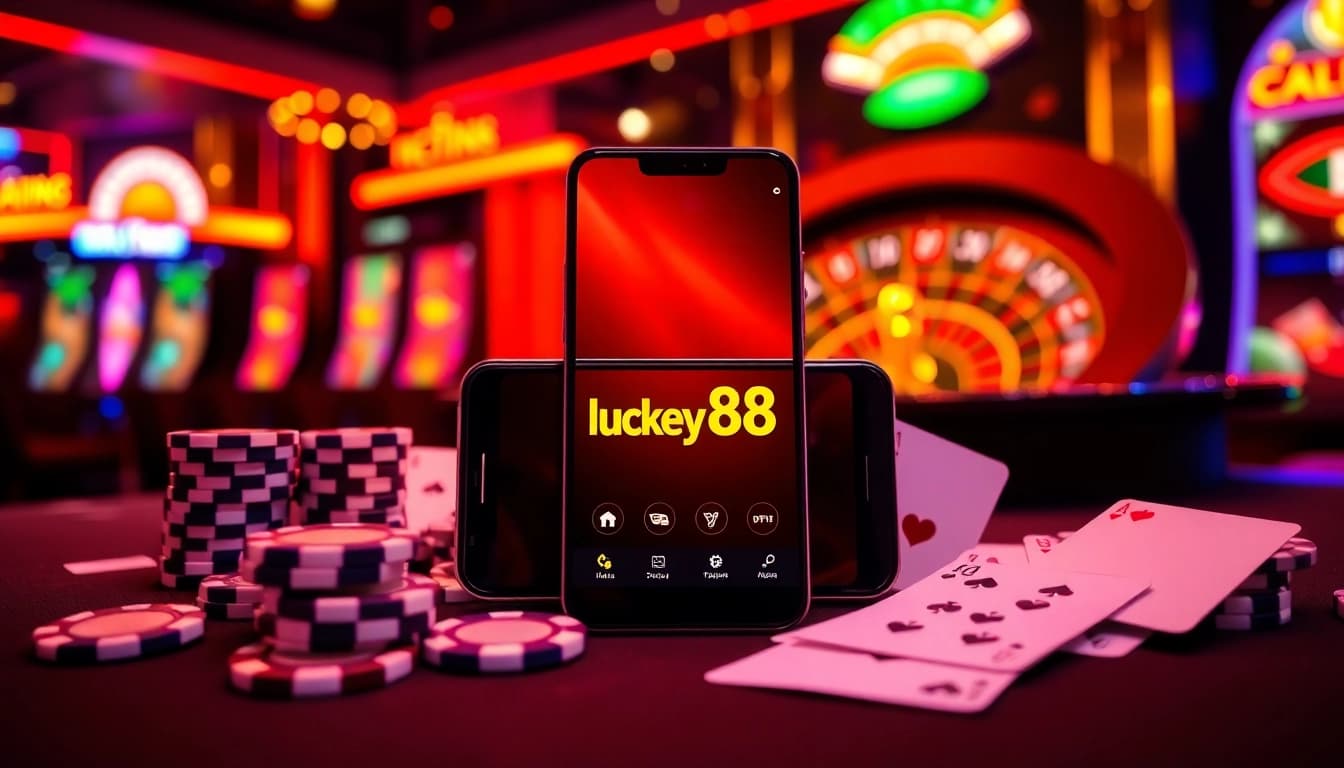 Experience the thrill of the lucky88 app with vibrant casino visuals featuring poker chips and roulette.