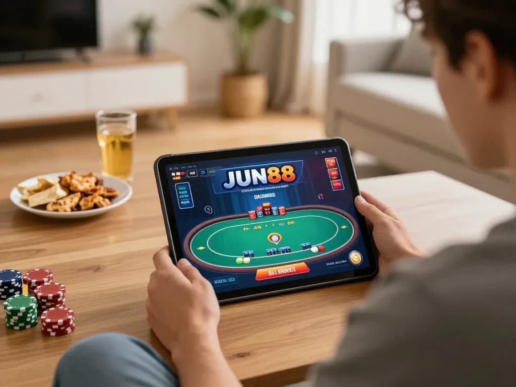 Player enjoying JUN88 poker game online, showcasing a lively home gaming atmosphere with snacks and drinks.