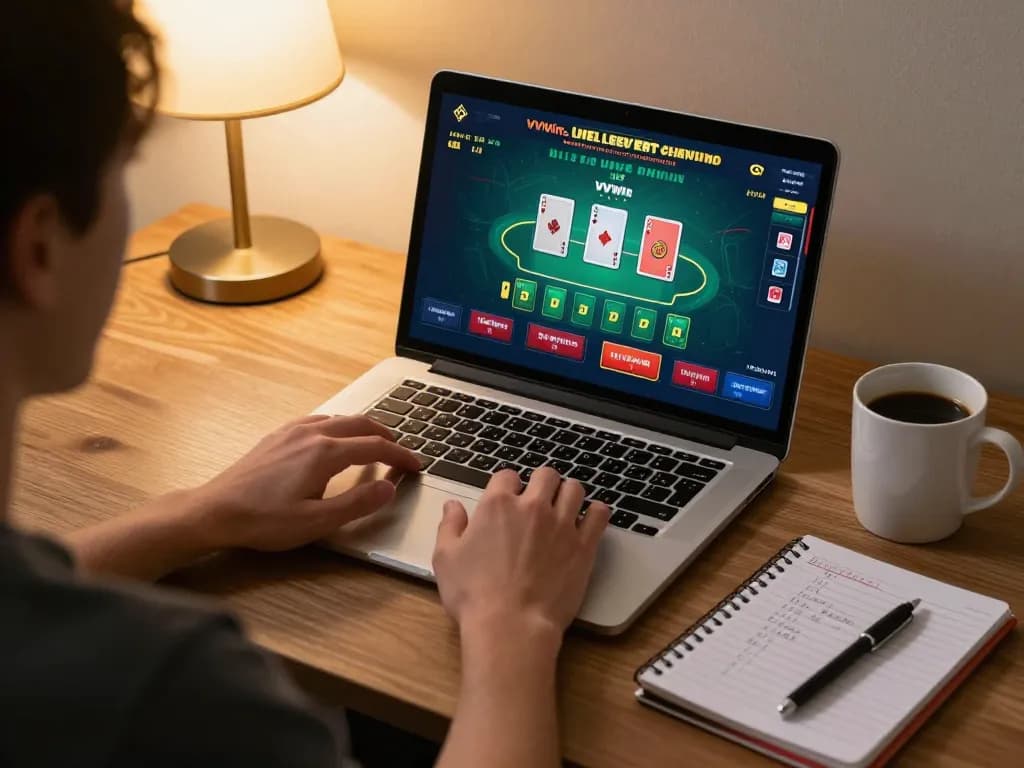 Player skillfully engaging with VVVwin's live blackjack game at home, reflecting strategic gaming