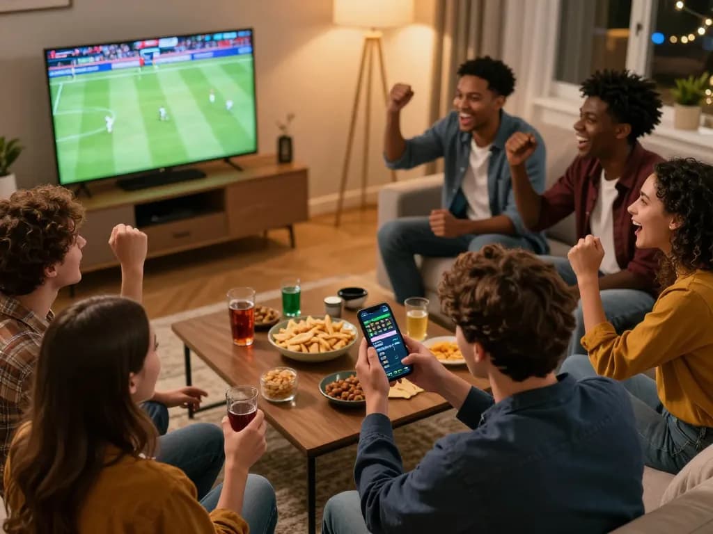 Engaging in kèo nhà cái during a thrilling sports betting night with friends, smartphone showing live odds and cheering.