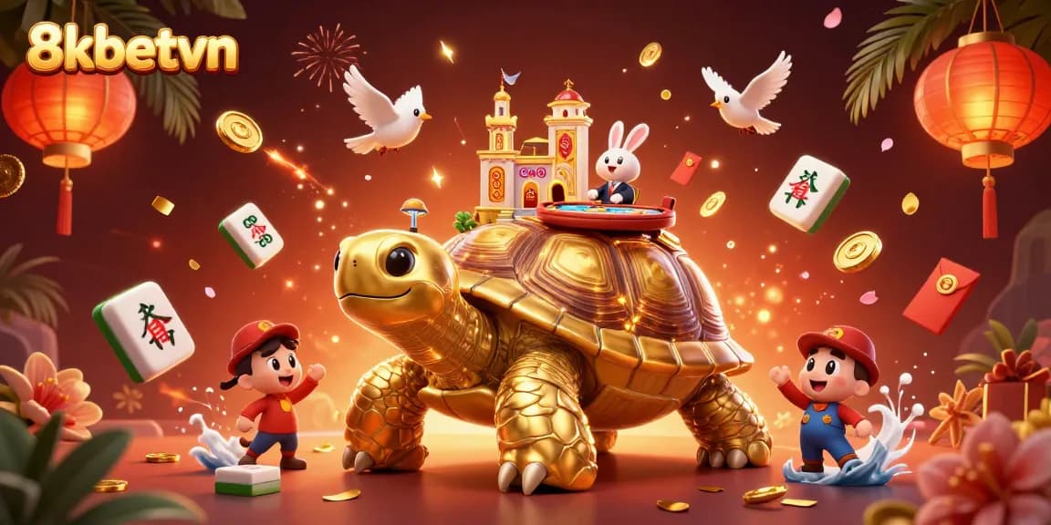 Immerse in gameplay with 8kbetvn, featuring vibrant casino elements and a creative tortoise design.