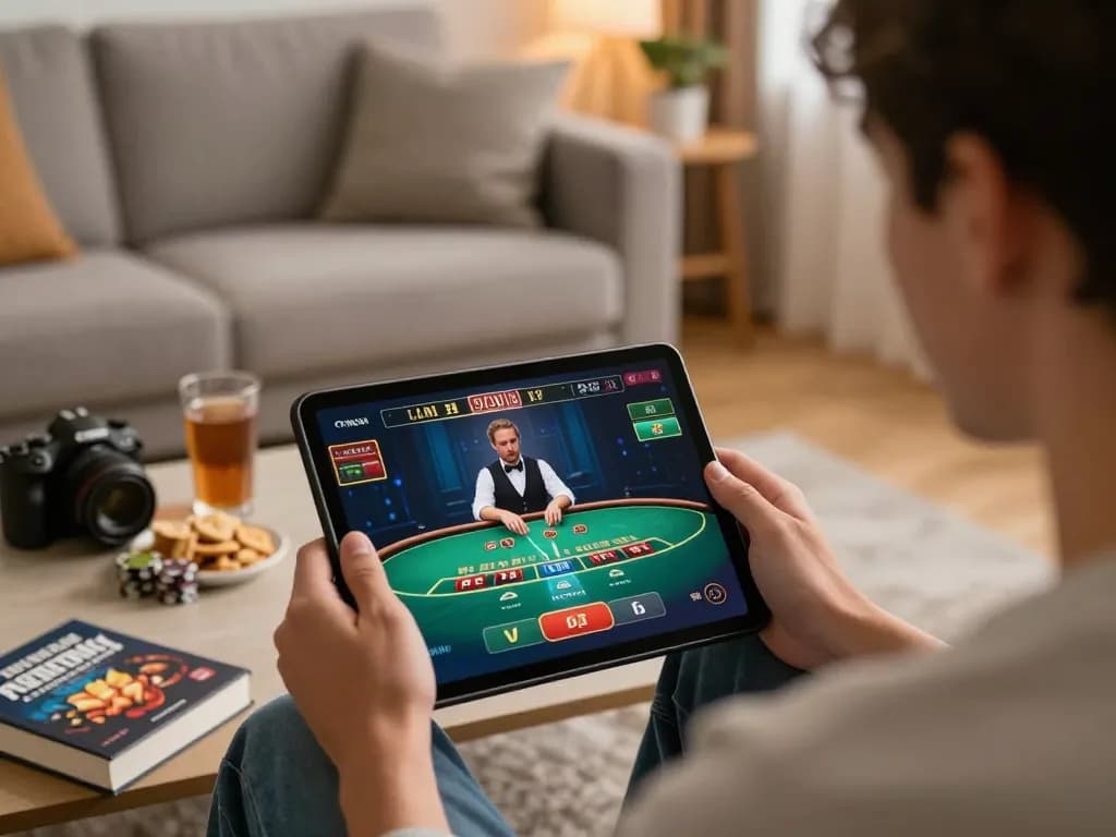 Engaging online gaming session featuring da88 tablet with live dealer blackjack interface in a cozy home setting.