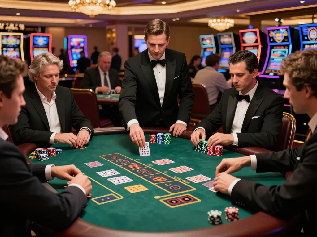 Kong88 players making strategic decisions at a high-stakes blackjack table in a Vegas casino
