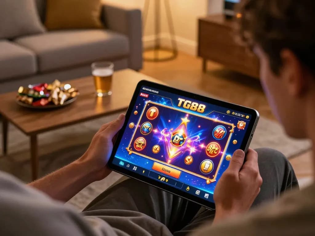 Player enjoying the TG88 online gaming app at home with vibrant slot game interface displayed