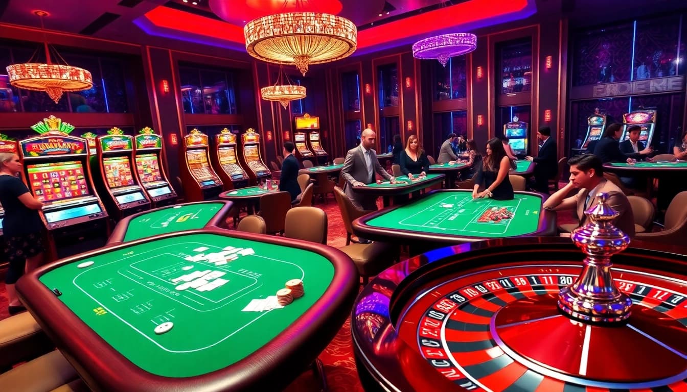 Win678 casino scene showcasing thrilling poker, vibrant slot machines, and an exciting roulette wheel.