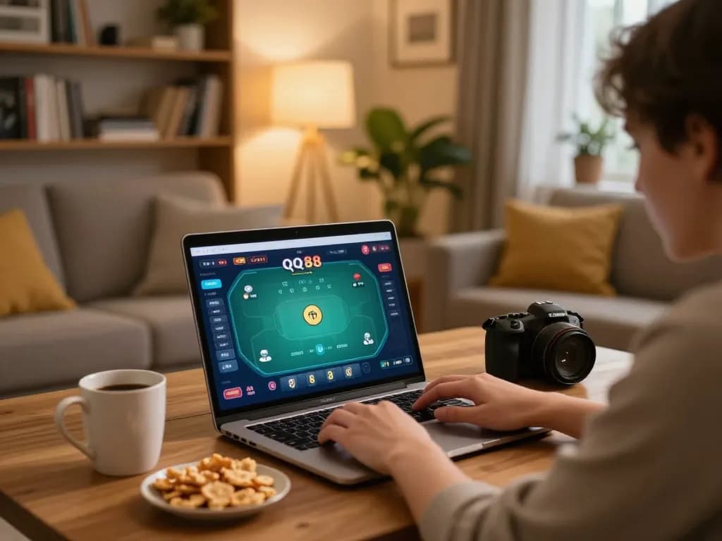 Engaged player enjoying QQ 88 poker game on a laptop, cozy home environment, snacks visible.