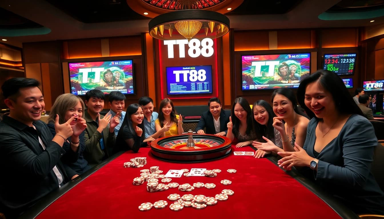 Experience the thrill of gaming at TT88 with vibrant poker chips and a roulette wheel.