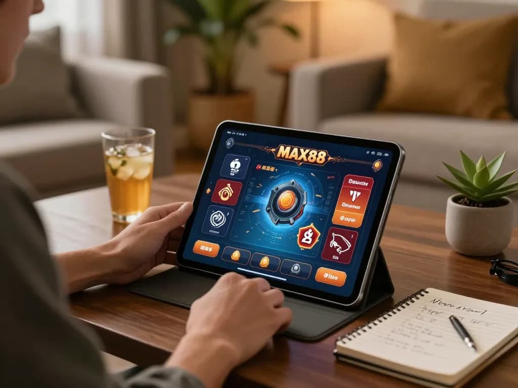 MAX88 user engaged in online casino gameplay, enjoying a cozy home environment with strategic notes