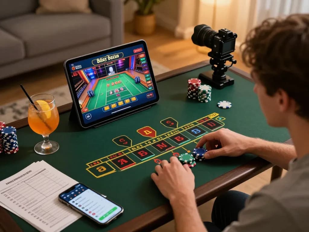 Person playing live dealer baccarat on 8day casino tablet, showcasing chips and gaming strategy.
