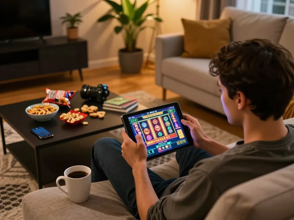 Player engaging with DW8 casino app on tablet in a cozy home setting, showcasing responsible gaming