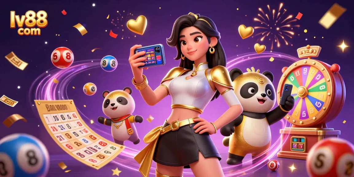 Experience vibrant gaming at lv88 com with a cheerful Asian woman and playful panda in a festive casino scene.