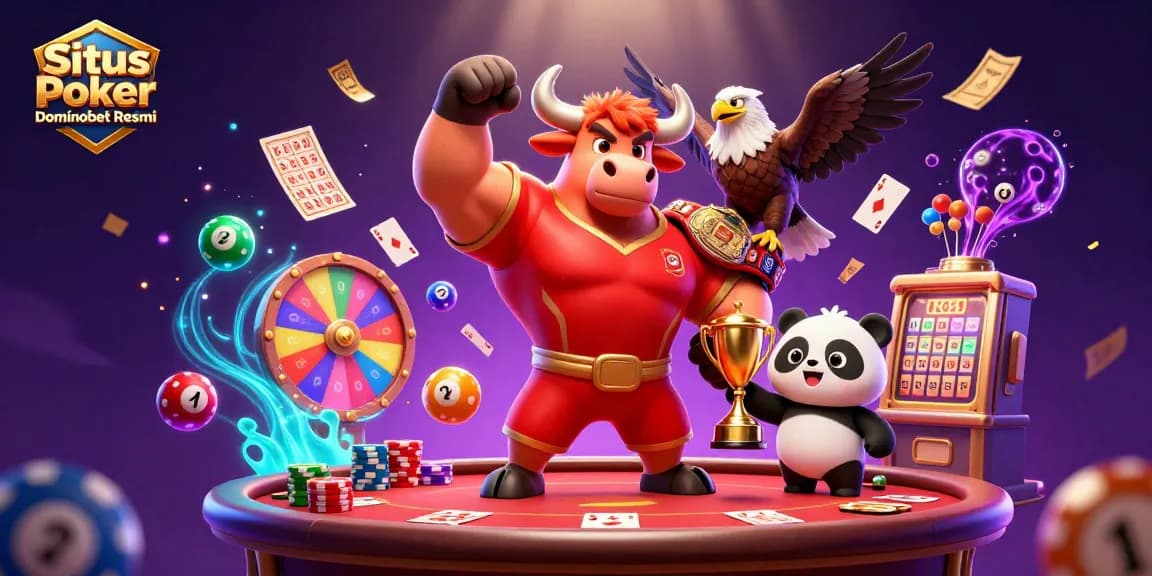 Situs Poker Dominobet Resmi celebrates poker victories with energetic characters and dynamic casino elements.