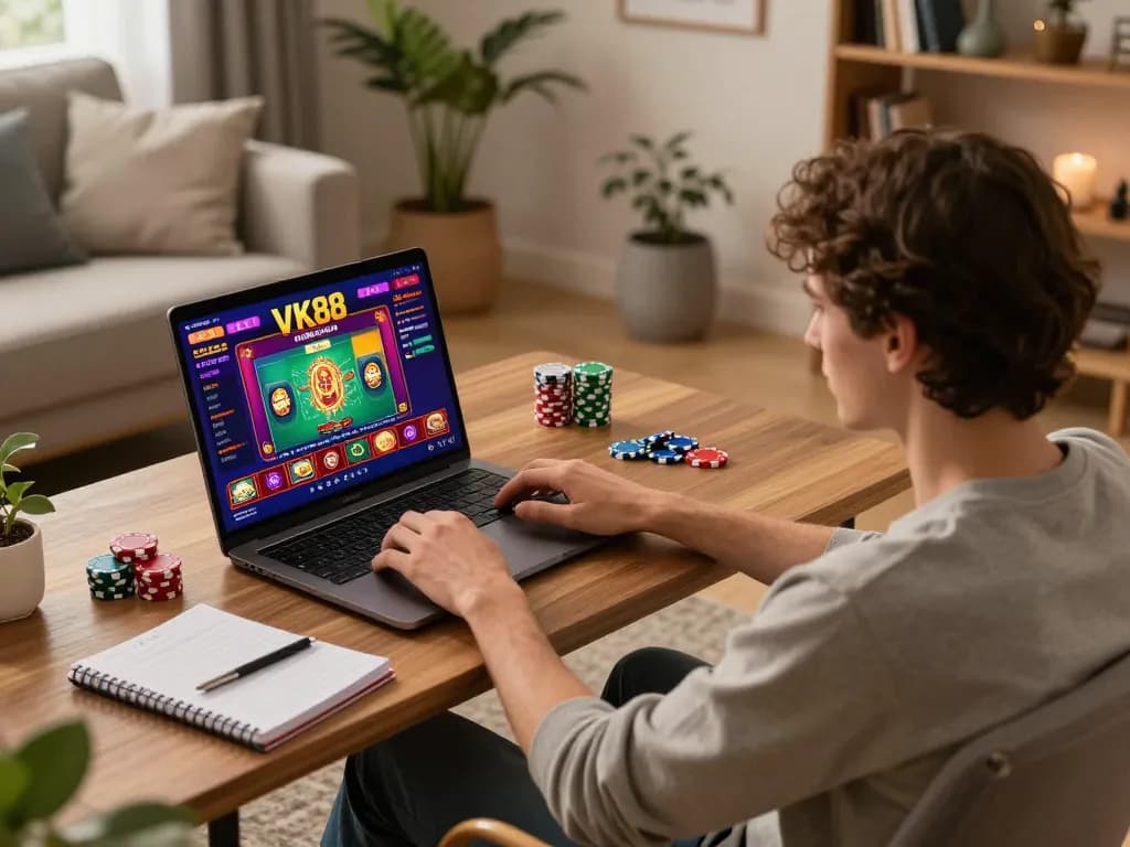 Engaging in VK88 online gaming on a laptop, showcasing poker chips and strategy notes.