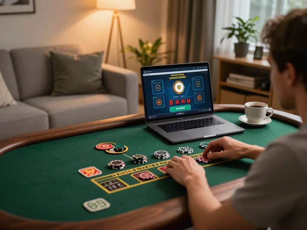 LV88 player enjoying an online casino game in a cozy setting with a laptop and warm lighting