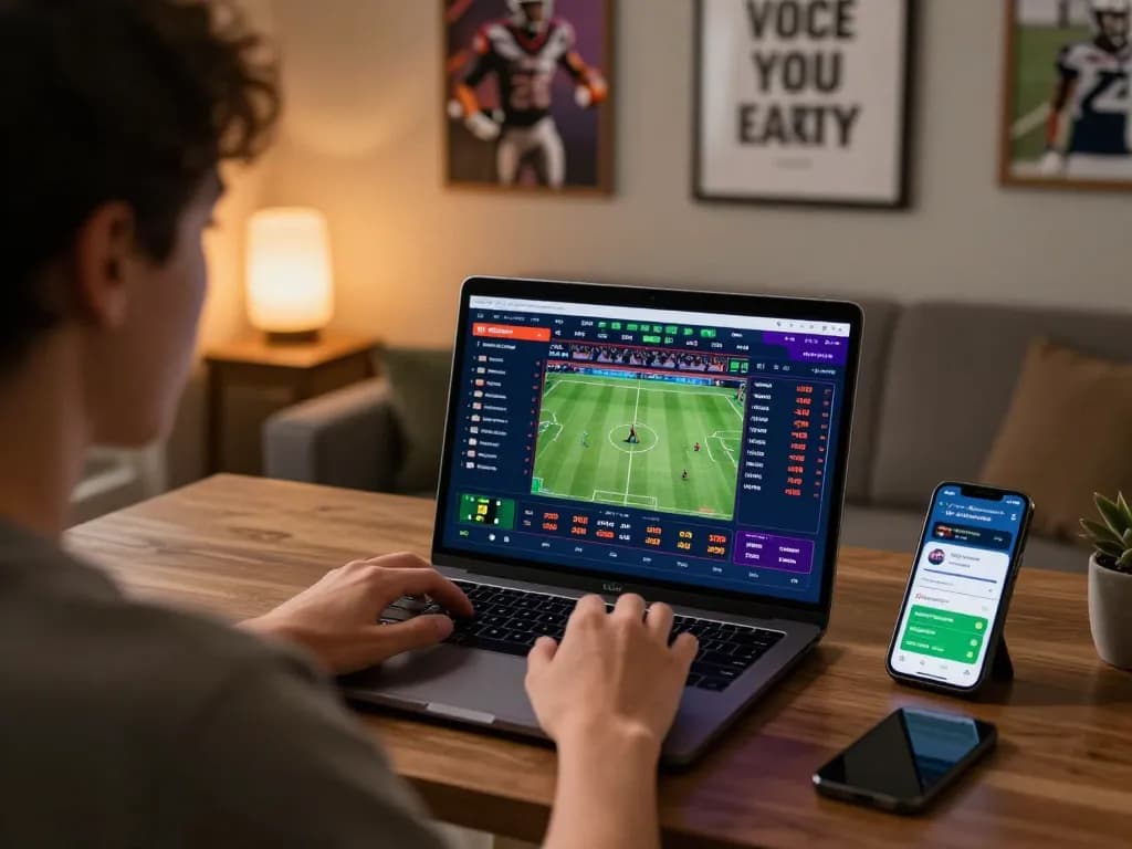 Engaging sports betting moment at hm88 showcasing live betting strategy in a home office