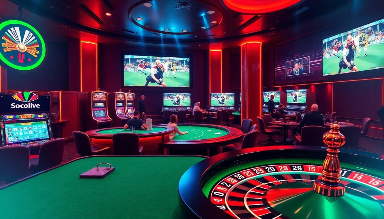 Socolive showcases an exciting live sports betting scene with poker chips and a roulette wheel.