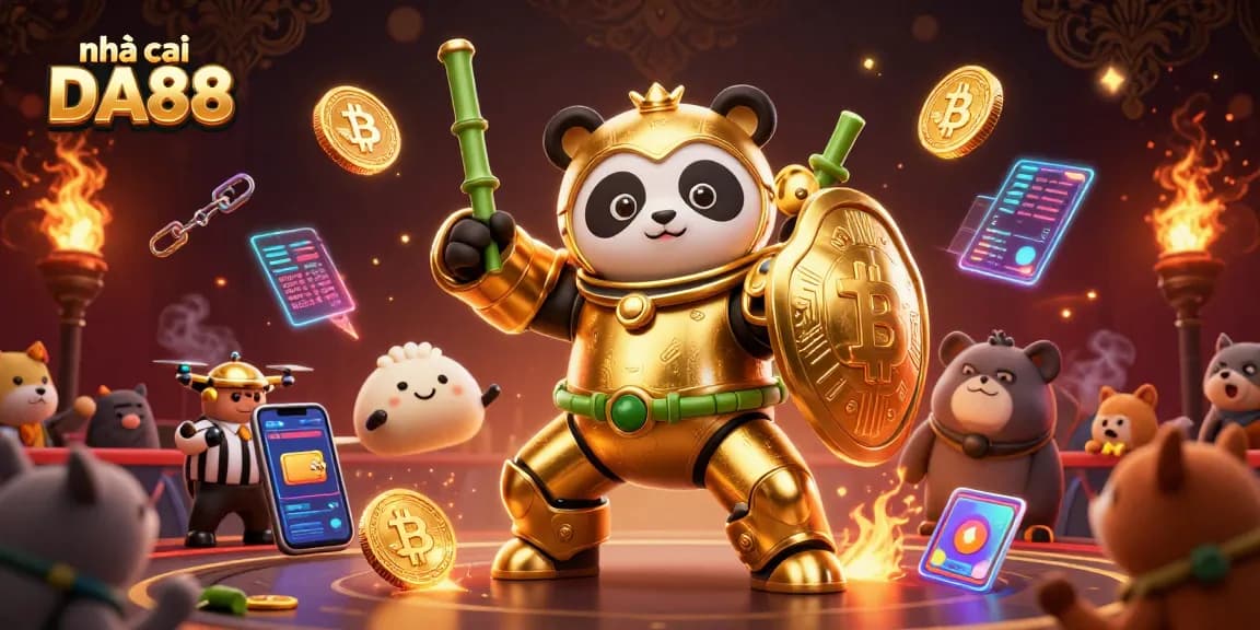 Engage with the exciting world of nhà cái DA88, featuring a vibrant 3D illustration of a mech-suit panda robot in a lively gambling arena.