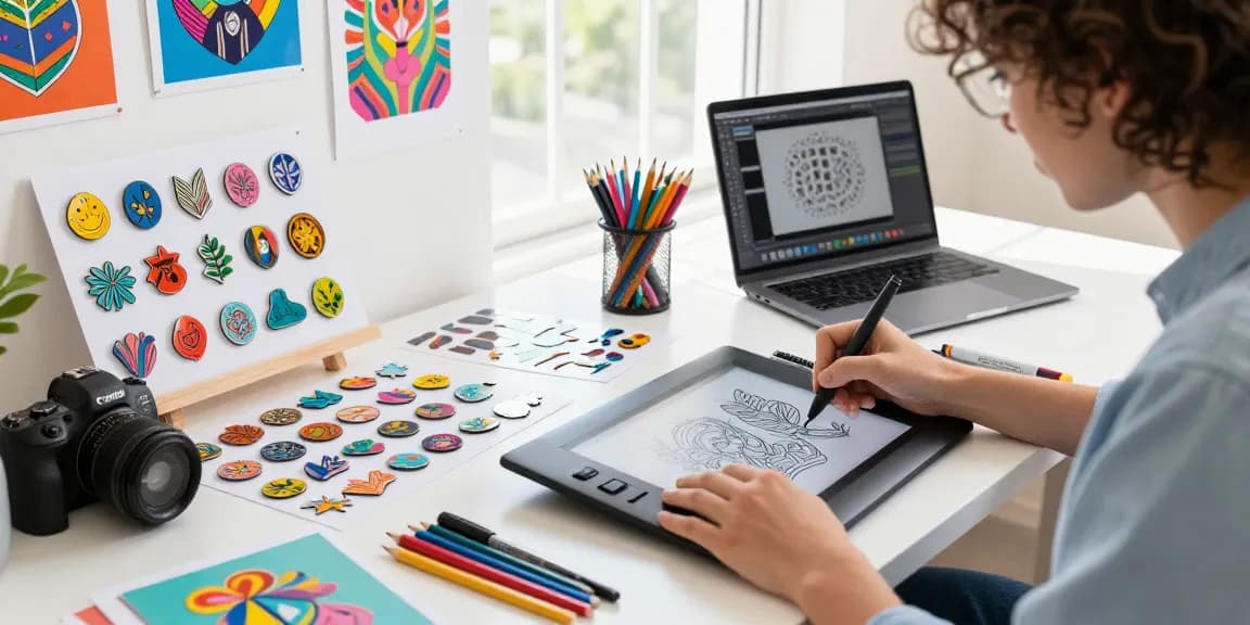 Custom acrylic pins designs in a vibrant design studio, showcasing creativity and artistic tools.