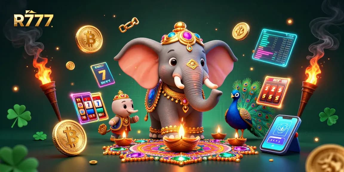 Experience thrilling gaming at R777 with a vibrant 3D design featuring an elephant, peacock, and interactive casino elements.