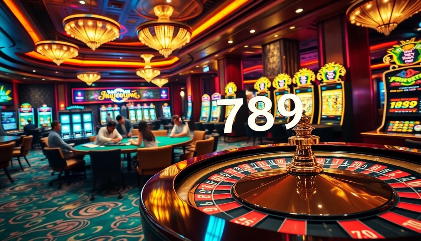 Elegant casino scene showcasing various games, with "789p" prominently featured on slot machines and tables.