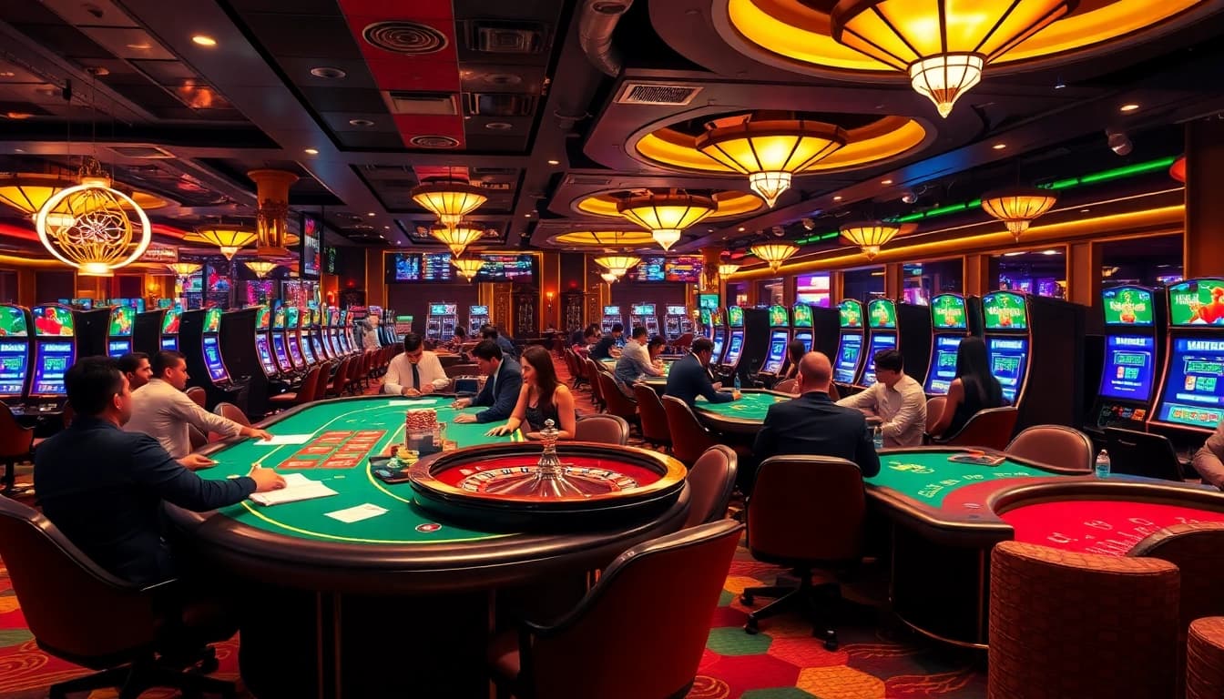 Exciting casino scene at https://tapdoankjc.com/ featuring players at poker and roulette tables with vibrant decor.