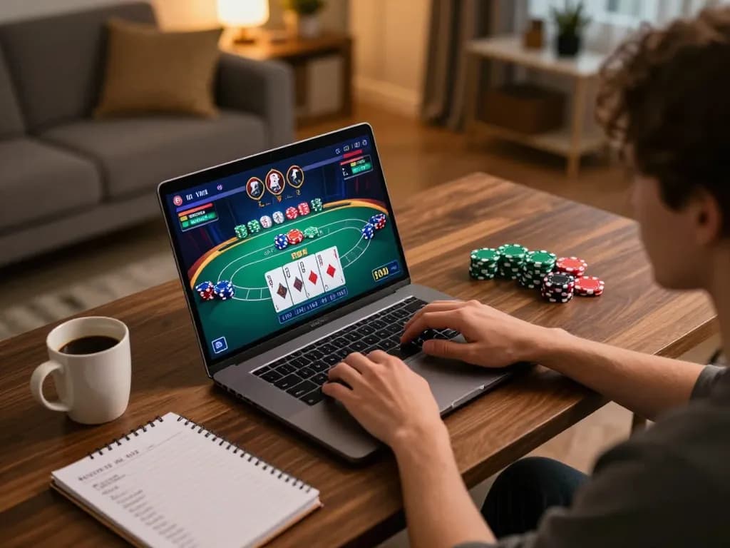 Engaging online gaming experience at FIVE88, with player focused on poker game interface and casino strategy notes