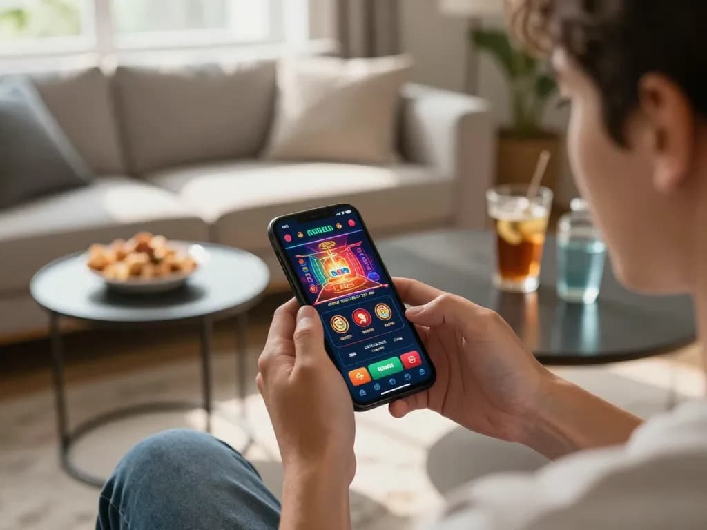 Player enjoying mobile gambling with jun88 app, depicting a cozy home setup and engaging game interface.