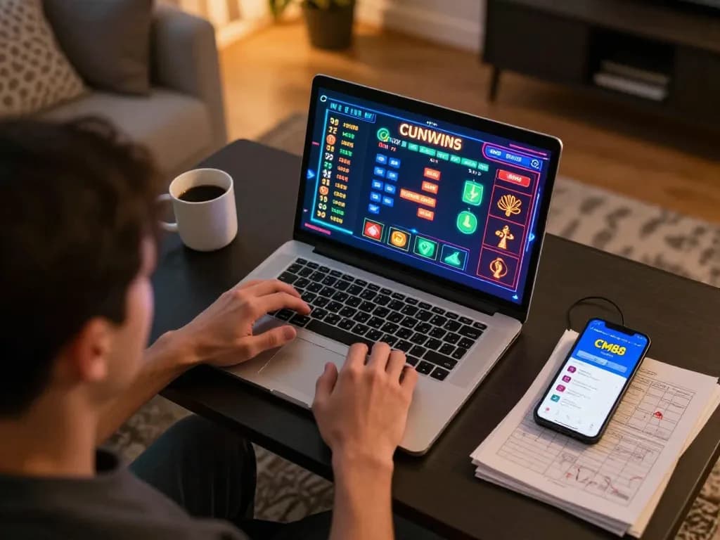 Player engaging with CM88's online casino platform from a modern gaming setup, showcasing strategic gameplay and home environment.