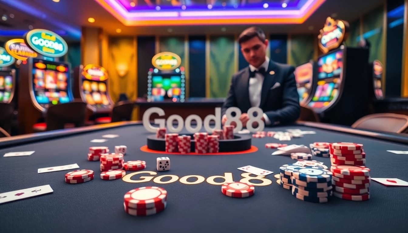Experience the thrill of Good88 at a luxurious casino with vibrant gaming tables and professional dealers.
