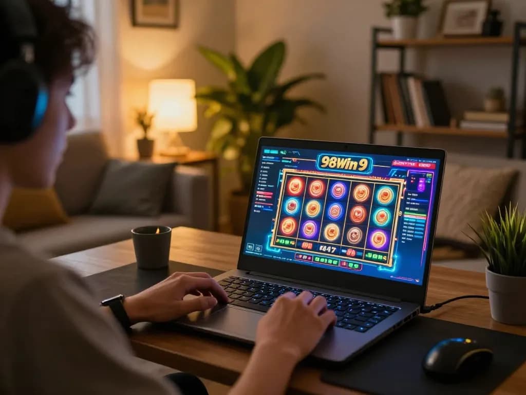 Engaging gameplay on 98win9, showcasing vibrant slot reels on a laptop in a cozy home setting
