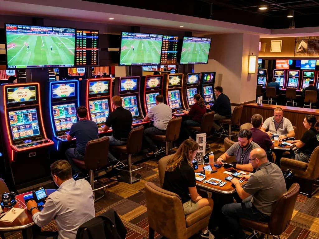 DABET HOA KỲ sports betting experience in a lively casino with enthusiastic bettors analyzing odds