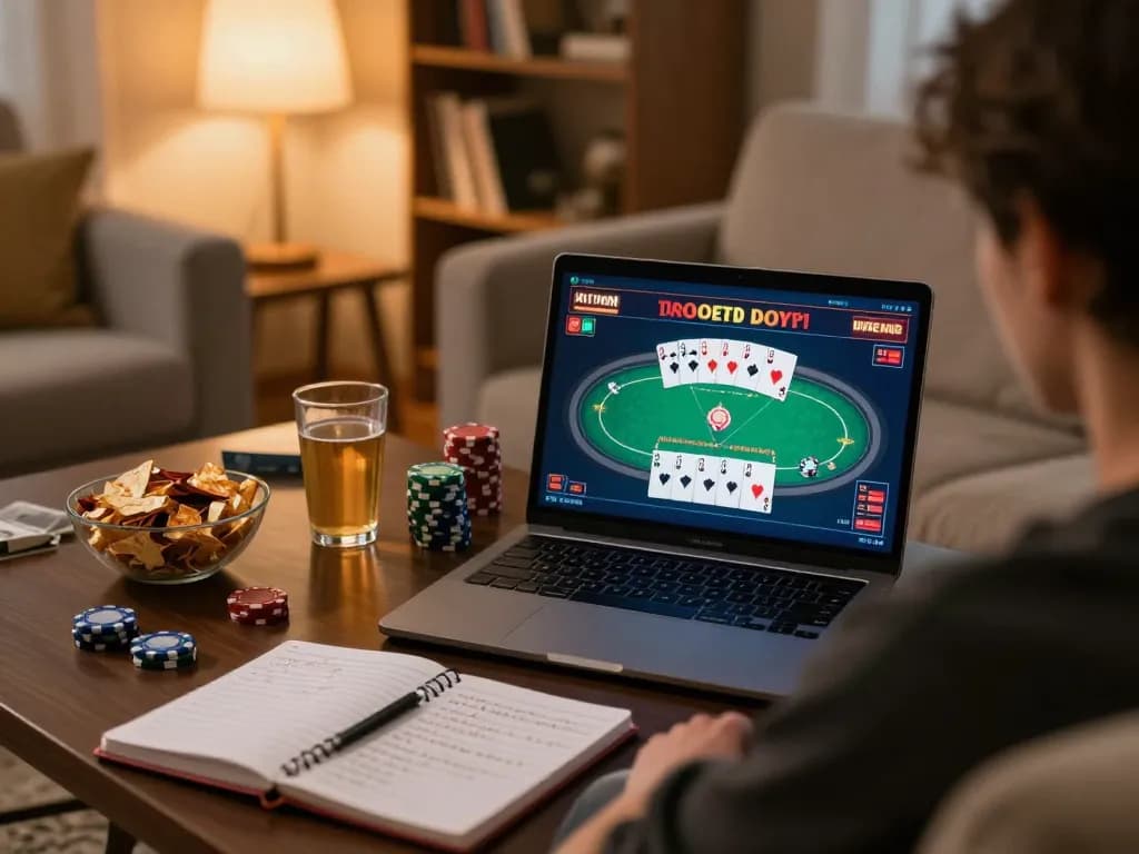 Engaging in online poker at https://rr88.navy/ on a cozy sofa, showcasing strategic gameplay.