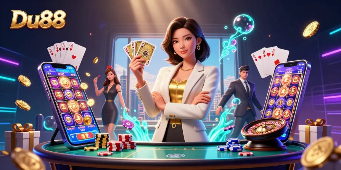 Experience excitement at Du88 with an elegant woman preparing for a winning hand in a dynamic casino setting.