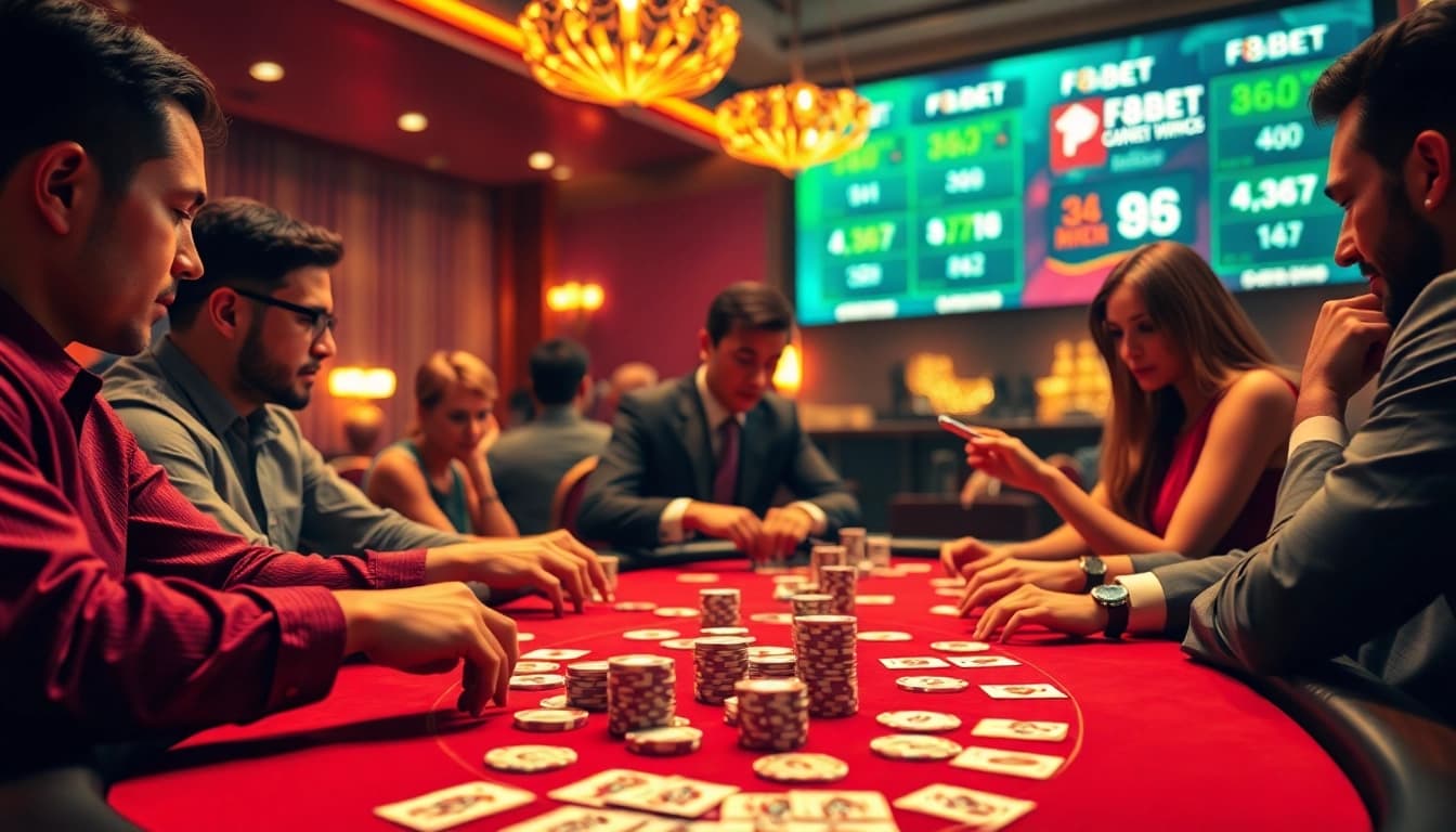 Engaged players at an F8BET poker table showcasing high-stakes gameplay with glamorous casino elements.
