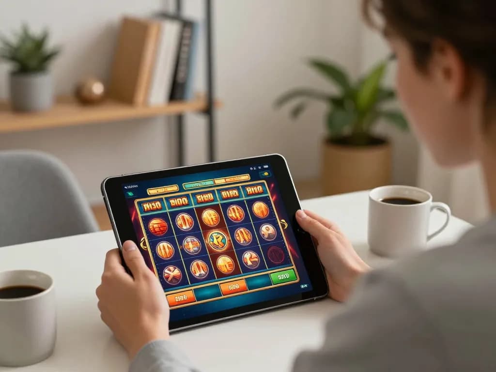 Engaging in mobile casino gameplay with tic88 on a tablet, person enjoying a cozy home setting