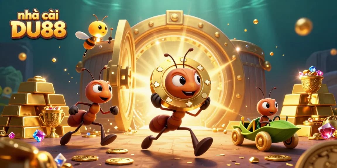 Experience the excitement of nhà cái DU88 through this thrilling 3D illustration of ants heisting a giant poker chip.
