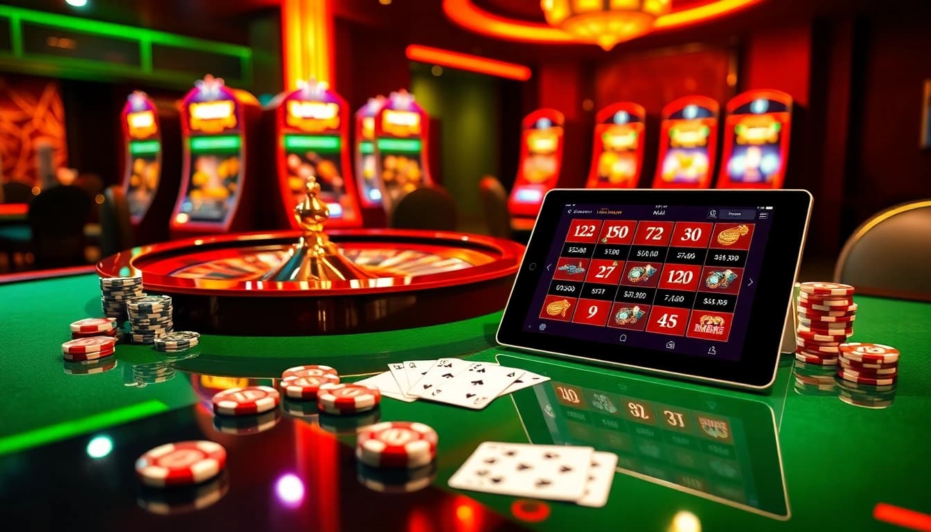 Engaging casino scene highlighting keo nha cai chuan with roulette and vibrant slot machines.